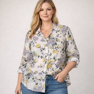 Liz Claiborne Floral Linen Cotton Button Front Blouse Womens 2X Long Sleeve